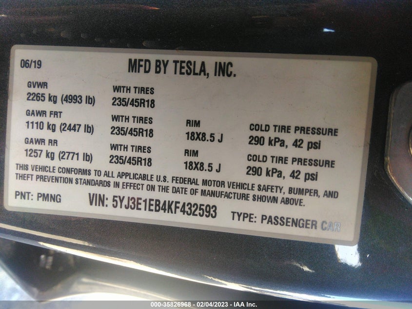 VIN 5YJ3E1EB4KF432593 2019 TESLA MODEL 3 LONG RANGE/PERFORMANCE