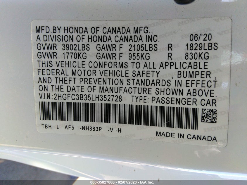VIN 2HGFC3B35LH352728 2020 HONDA CIVIC COUPE EX