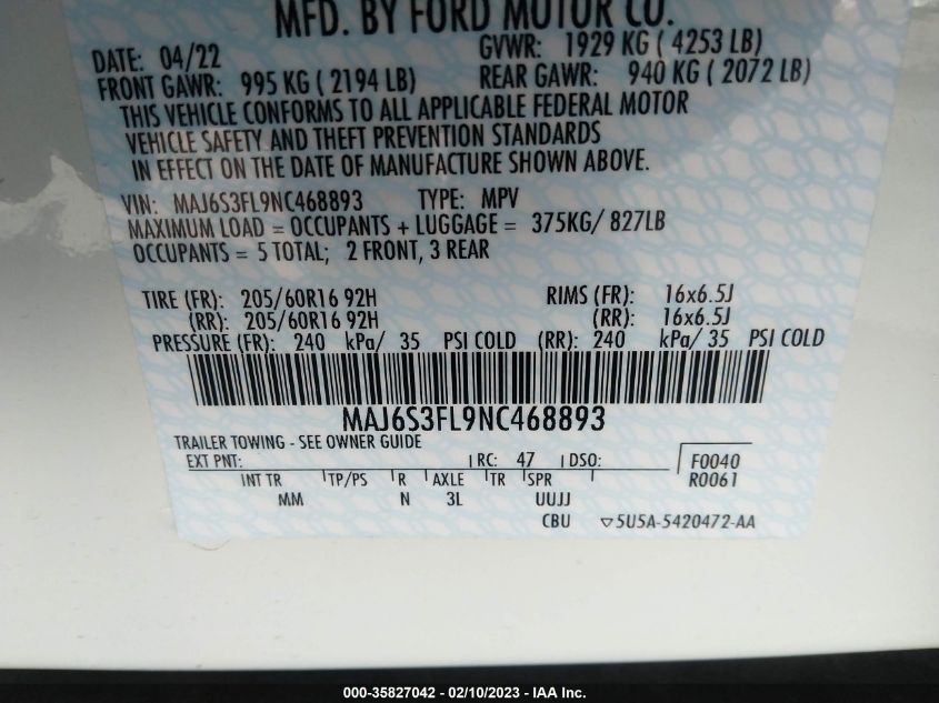 2022 FORD ECOSPORT S - MAJ6S3FL9NC468893