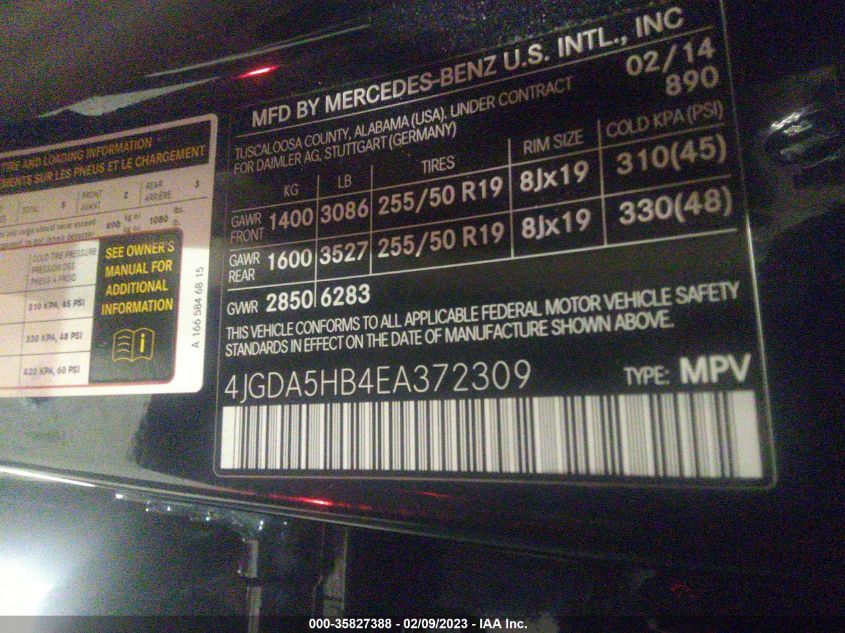 2014 MERCEDES-BENZ M-CLASS ML 350 4JGDA5HB4EA372309