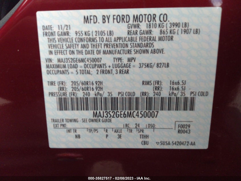 VIN MAJ3S2GE6MC450007 2021 FORD ECOSPORT SE