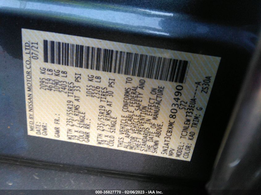 VIN 5N1AT3CBXMC803490 2021 NISSAN ROGUE SL