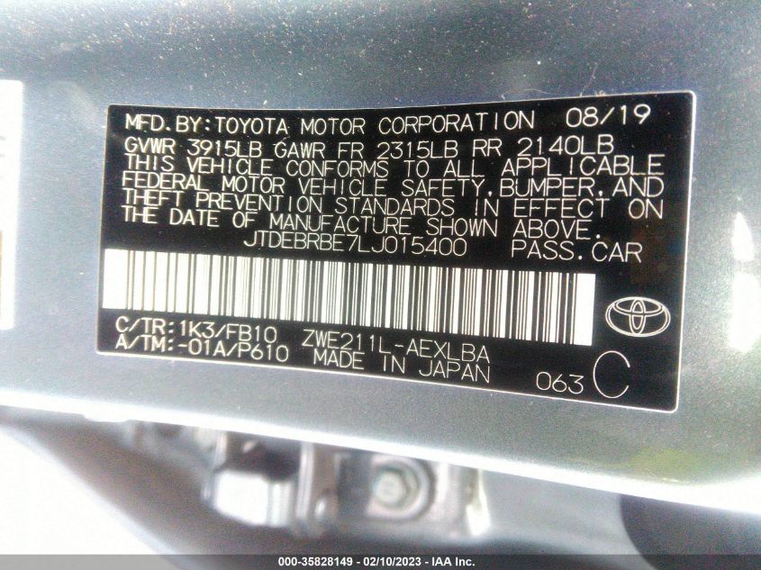 2020 TOYOTA COROLLA HYBRID LE - JTDEBRBE7LJ015400