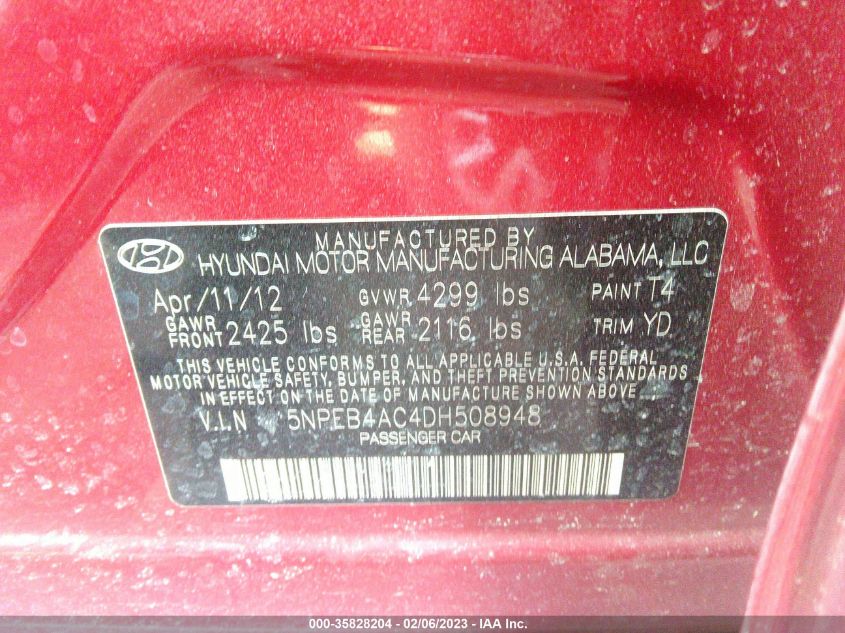 2013 HYUNDAI SONATA GLS PZEV - 5NPEB4AC4DH508948