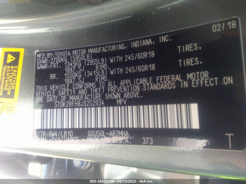 VIN 5TDKZRFH8JS252934 2018 TOYOTA HIGHLANDER SE/XLE