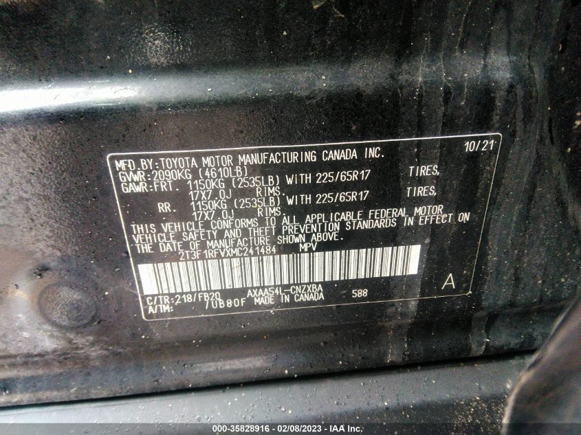 VIN 2T3F1RFVXMC241484 2021 TOYOTA RAV4 LE