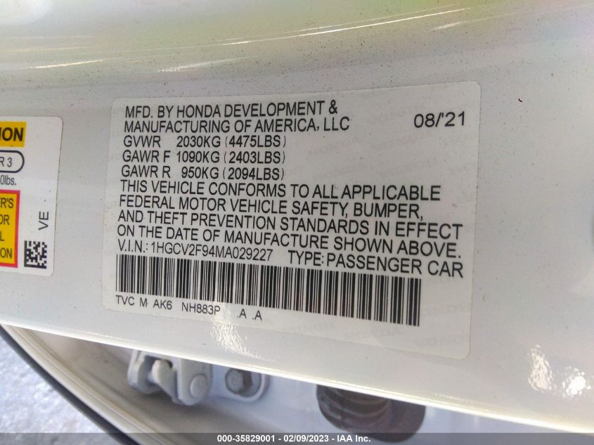 2021 HONDA ACCORD SEDAN TOURING - 1HGCV2F94MA029227