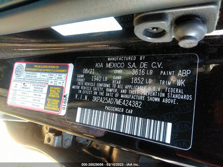 2021 KIA RIO 5-DOOR S 3KPA25AD7ME424382