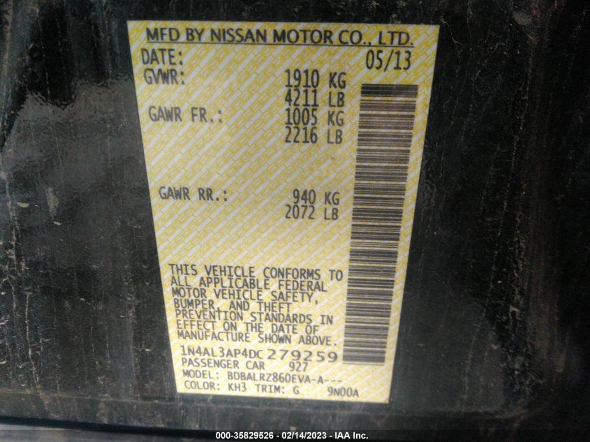 2013 NISSAN ALTIMA 2.5 S - 1N4AL3AP4DC279259