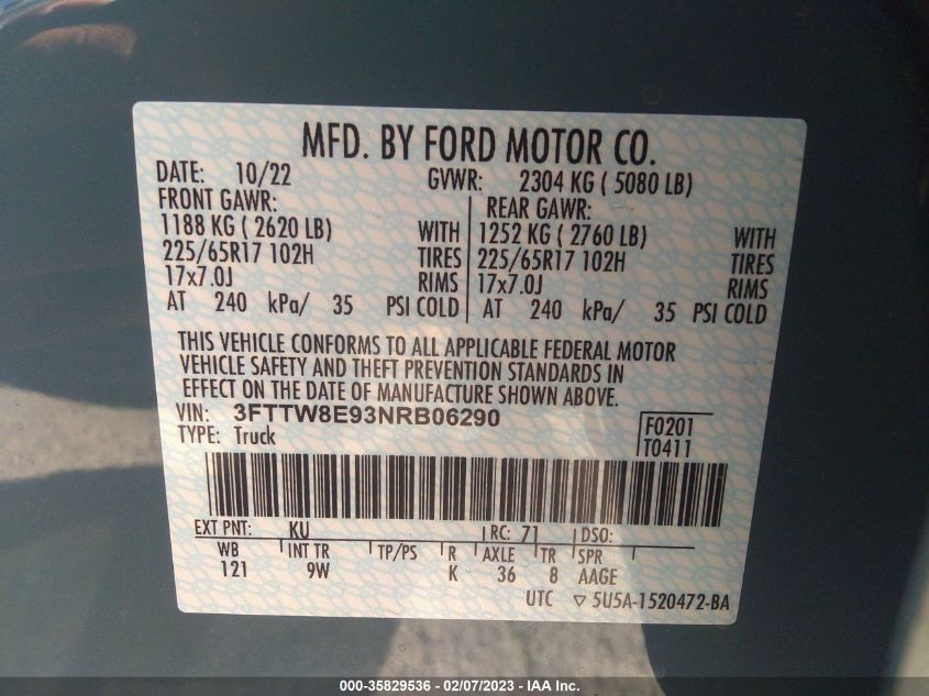 2022 FORD MAVERICK XL/XLT/LARIAT 3FTTW8E93NRB06290