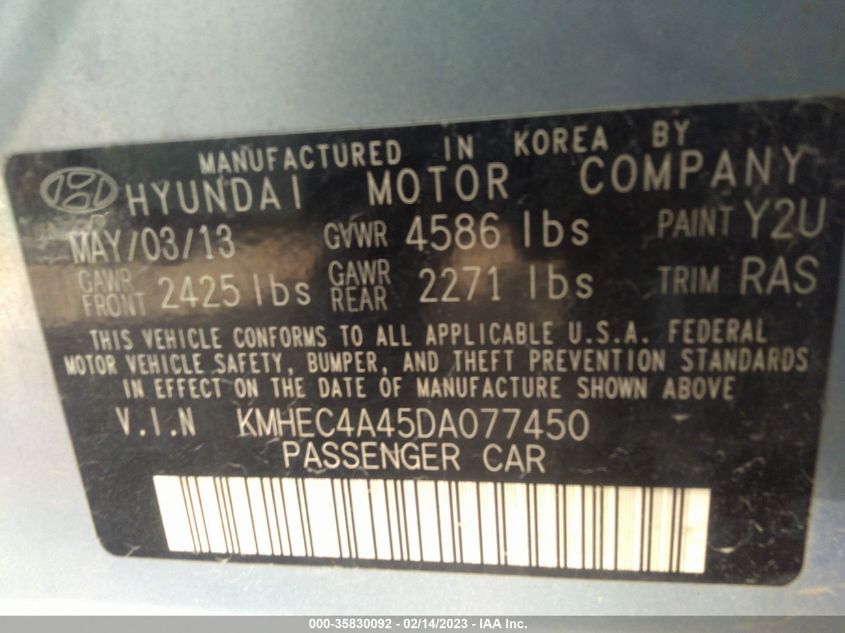 2013 HYUNDAI SONATA HYBRID - KMHEC4A45DA077450