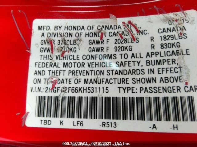 2019 HONDA CIVIC LX - 2HGFC2F66KH531115