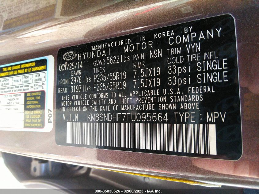 2015 HYUNDAI SANTA FE LIMITED - KM8SNDHF7FU095664