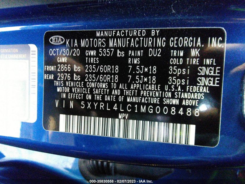 VIN 5XYRL4LC1MG008488 2021 KIA SORENTO no.9