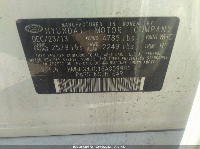 2014 HYUNDAI AZERA KMHFG4JG1EA359962