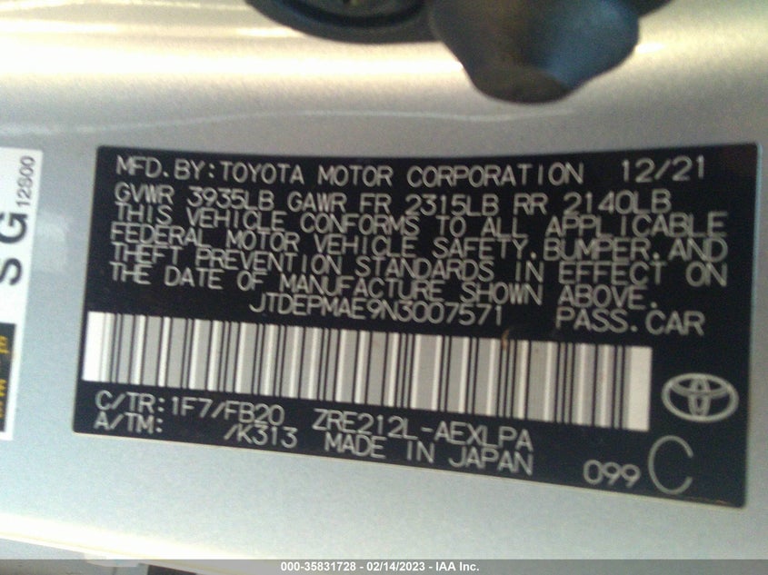 VIN JTDEPMAE9N3007571 2022 TOYOTA COROLLA LE