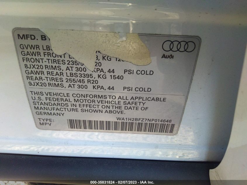 2022 AUDI Q4 E-TRON PREMIUM PLUS WA1H2BFZ7NP014646