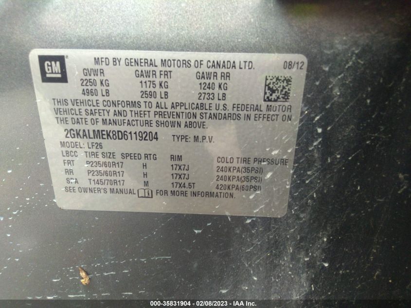 2013 GMC TERRAIN SLE 2GKALMEK8D6119204
