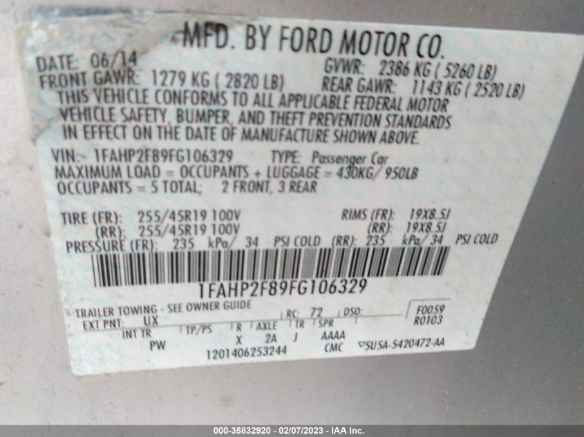 2015 FORD TAURUS LIMITED - 1FAHP2F89FG106329