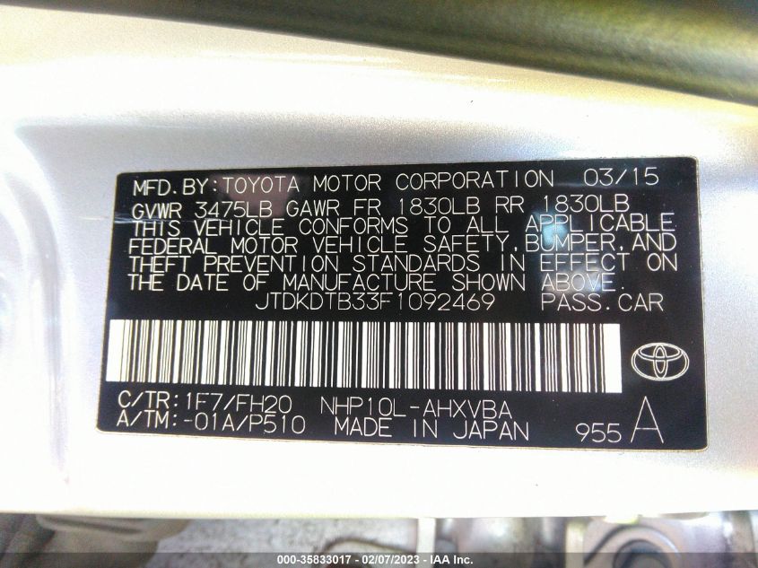 2015 TOYOTA PRIUS C ONE/TWO/THREE/FOUR - JTDKDTB33F1092469