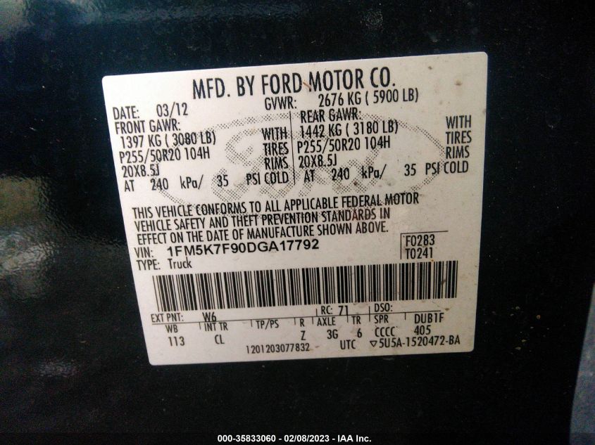 2013 FORD EXPLORER LIMITED - 1FM5K7F90DGA17792