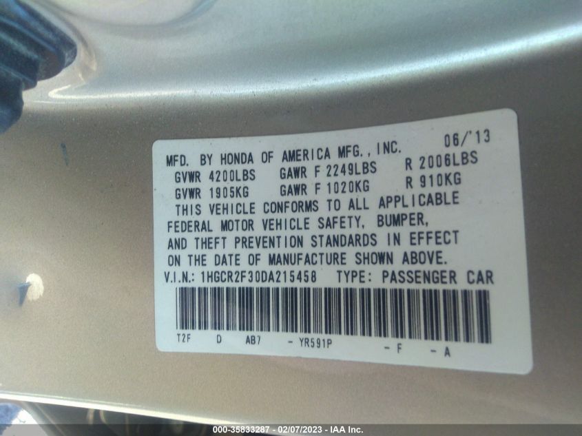 2013 HONDA ACCORD SDN LX 1HGCR2F30DA215458