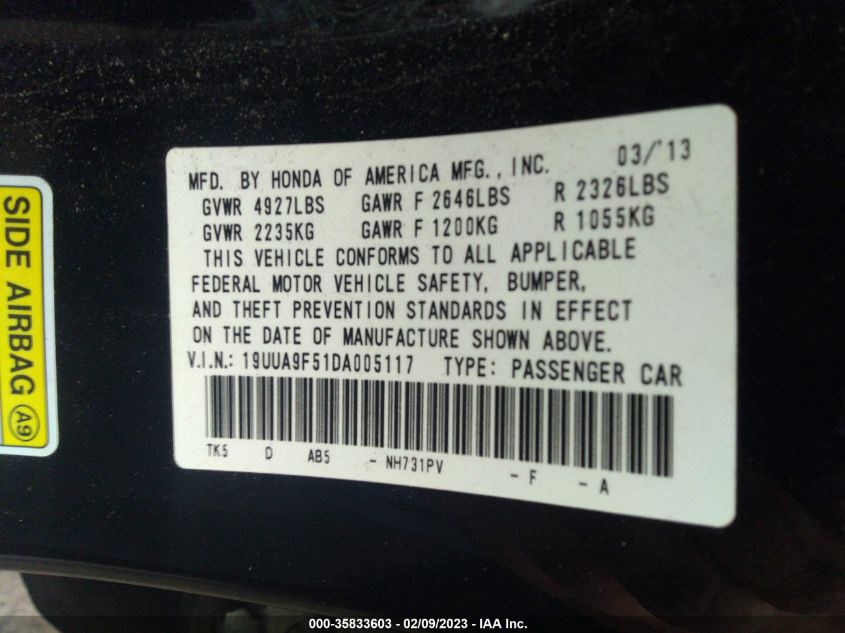 2013 ACURA TL TECH 19UUA9F51DA005117