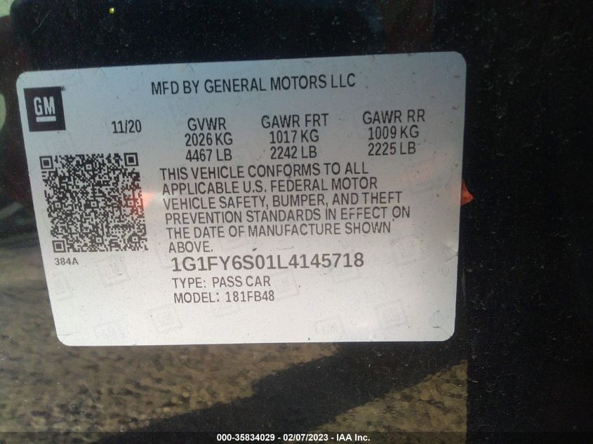 2020 CHEVROLET BOLT EV LT 1G1FY6S01L4145718