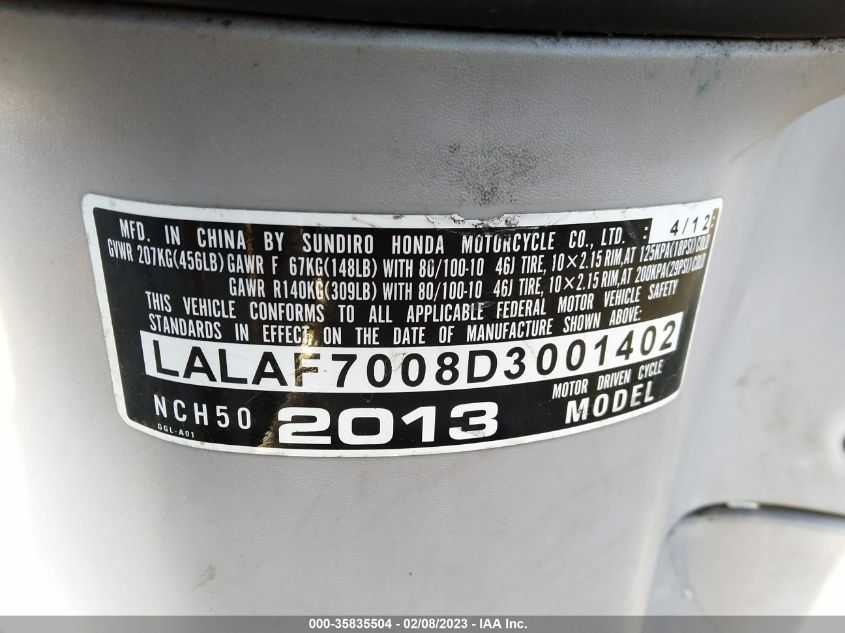 2013 HONDA NCH50 LALAF7008D3001402