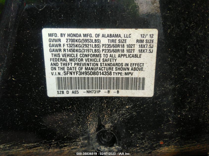 2013 HONDA PILOT TOURING - 5FNYF3H95DB014358