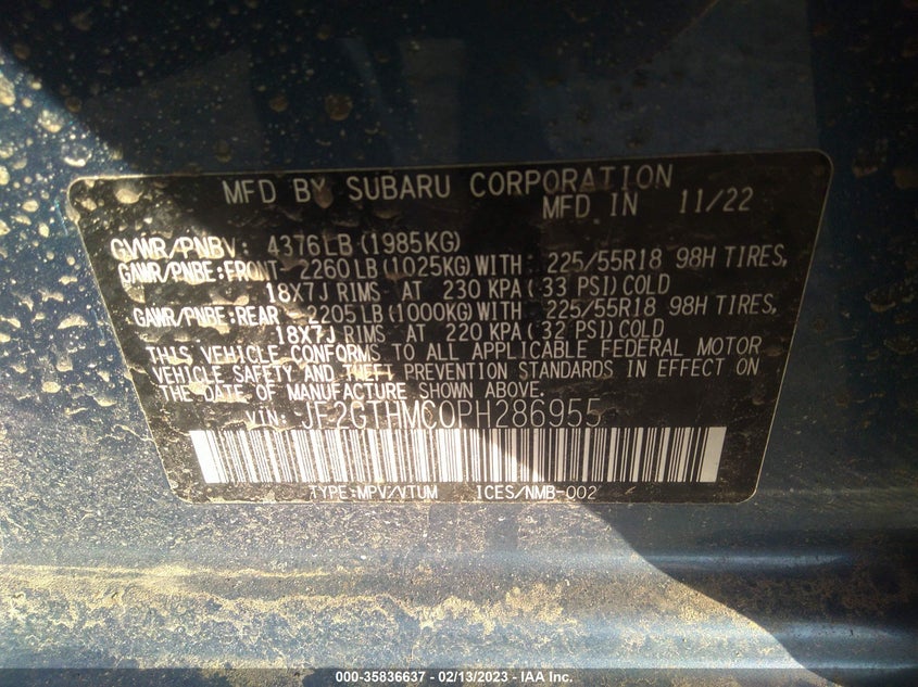 VIN JF2GTHMC0PH286955 2023 SUBARU CROSSTREK LIMITED