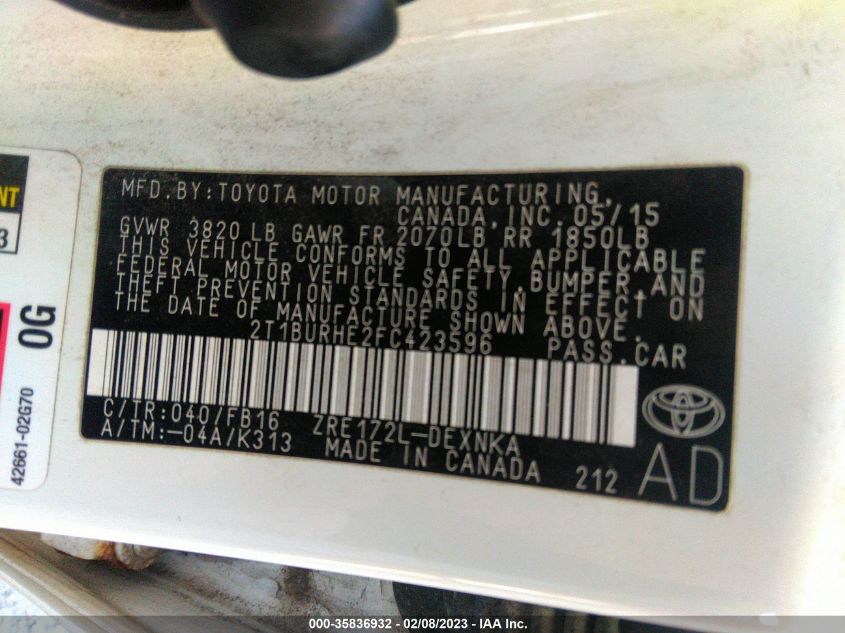 2015 TOYOTA COROLLA L/LE/S/S PLUS/LE PLUS - 2T1BURHE2FC423596