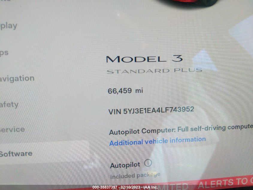 2020 TESLA MODEL 3 STANDARD RANGE - 5YJ3E1EA4LF743952