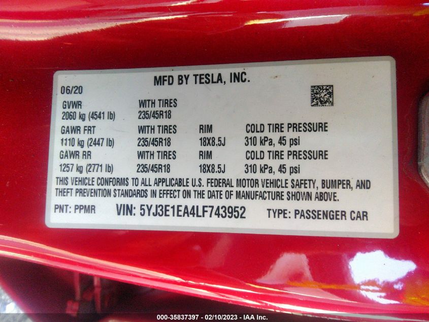 2020 TESLA MODEL 3 STANDARD RANGE - 5YJ3E1EA4LF743952