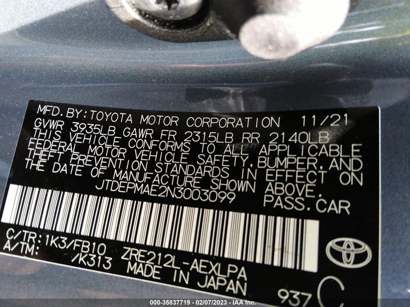 VIN JTDEPMAE2N3003099 2022 TOYOTA COROLLA LE
