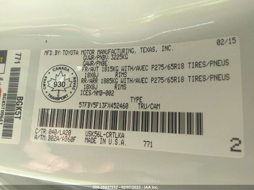 2015 TOYOTA TUNDRA 4WD TRUCK LTD - 5TFBY5F13FX452460