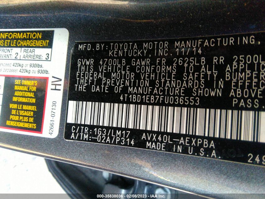 2015 TOYOTA AVALON HYBRID LIMITED 4T1BD1EB7FU036553