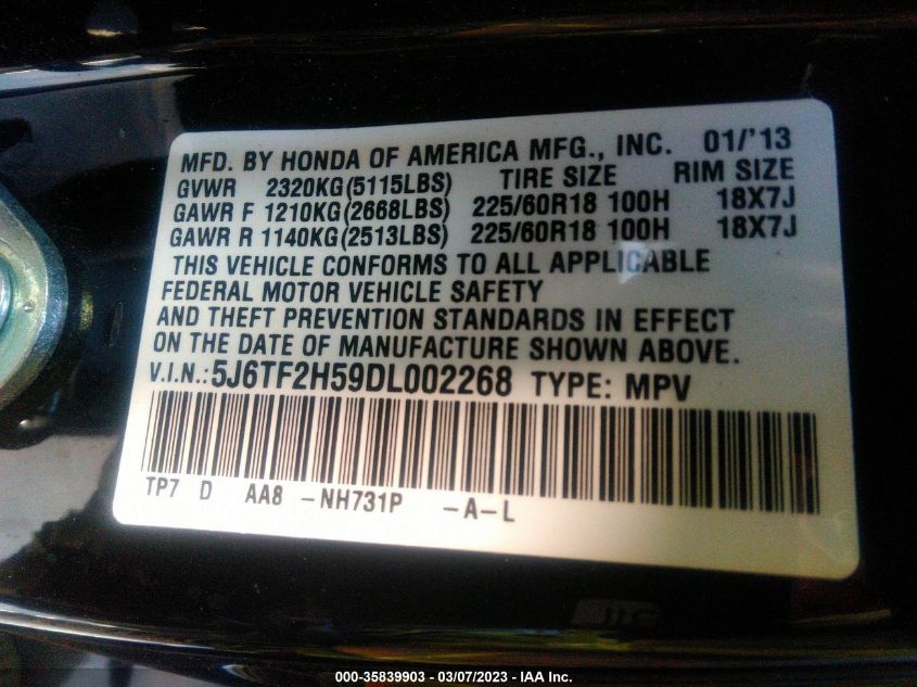 2013 HONDA CROSSTOUR EX-L - 5J6TF2H59DL002268