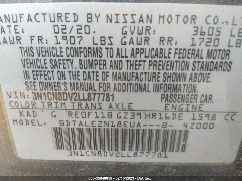 VIN 3N1CN8DV2LL877781 2020 NISSAN VERSA S