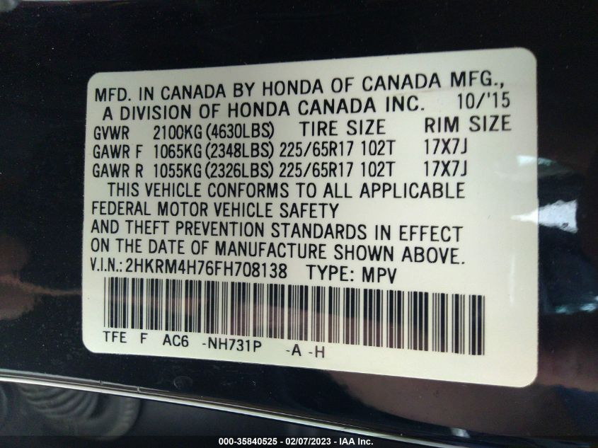 2015 HONDA CR-V EX-L - 2HKRM4H76FH708138