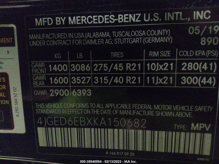 Auction sale of the 2019 Mercedes Benz GLE , vin: 4JGED6EBXKA150682, lot number: 35840584