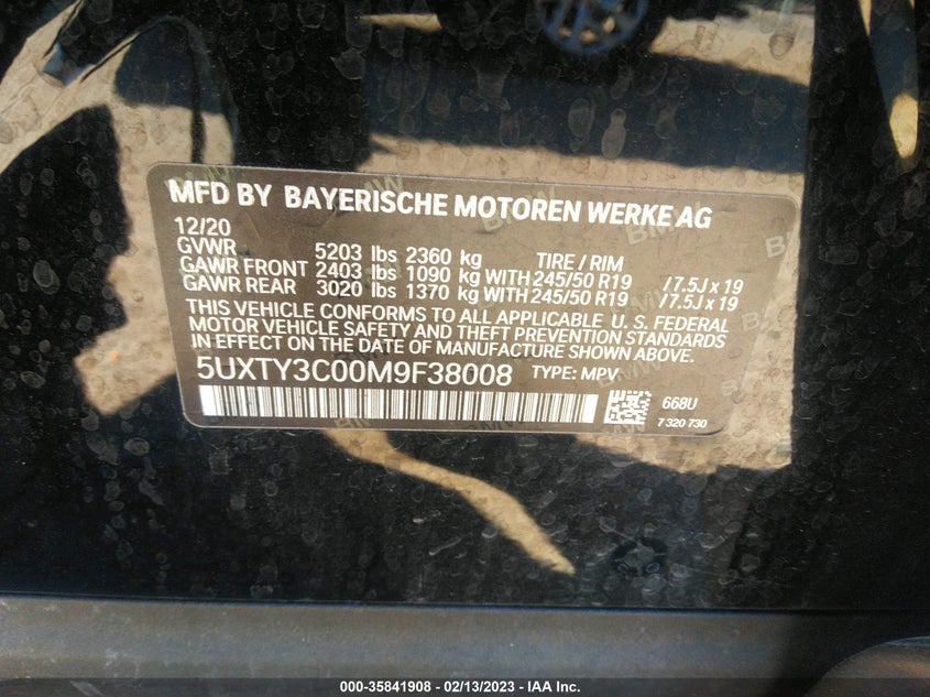 VIN 5UXTY3C00M9F38008 2021 BMW X3 SDRIVE30I