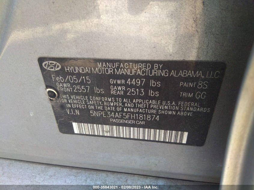 2015 HYUNDAI SONATA 2.4L SPORT - 5NPE34AF5FH181874