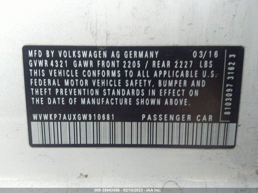 2016 VOLKSWAGEN E-GOLF SE WVWKP7AUXGW910681