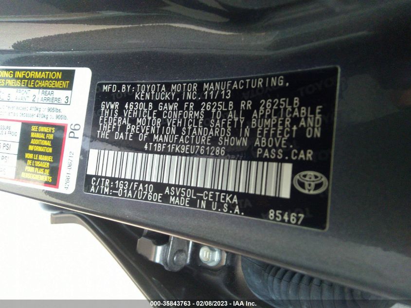 2014 TOYOTA CAMRY L/LE/XLE/SE/SE SPORT - 4T1BF1FK9EU761286
