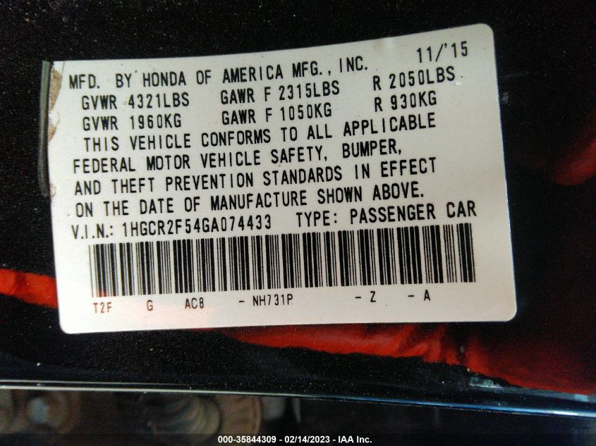2016 HONDA ACCORD SEDAN SPORT - 1HGCR2F54GA074433