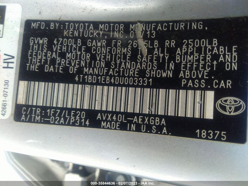 2013 TOYOTA AVALON HYBRID XLE PREMIUM 4T1BD1EB4DU003331