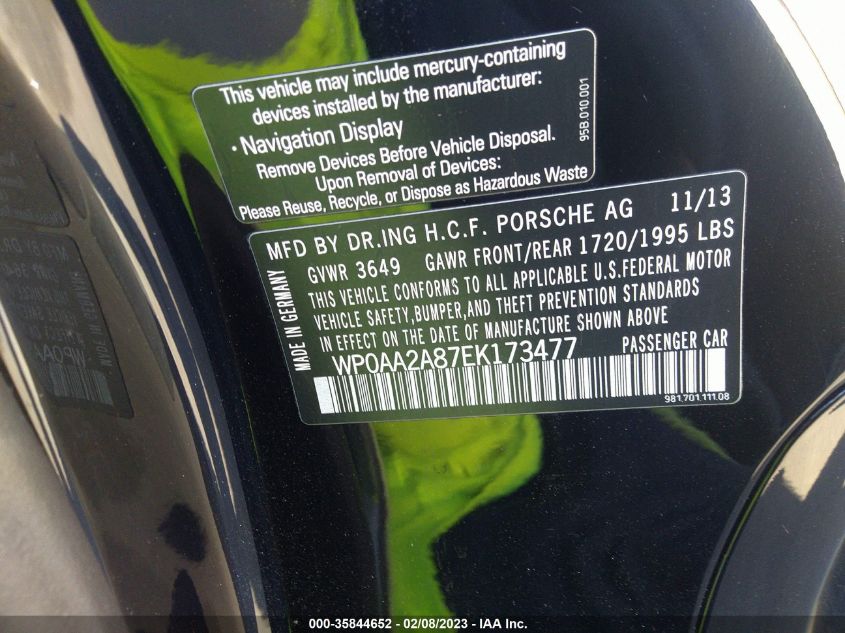 2014 PORSCHE CAYMAN WP0AA2A87EK173477