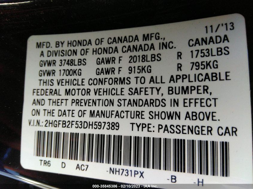 2013 HONDA CIVIC SDN LX 2HGFB2F53DH597389