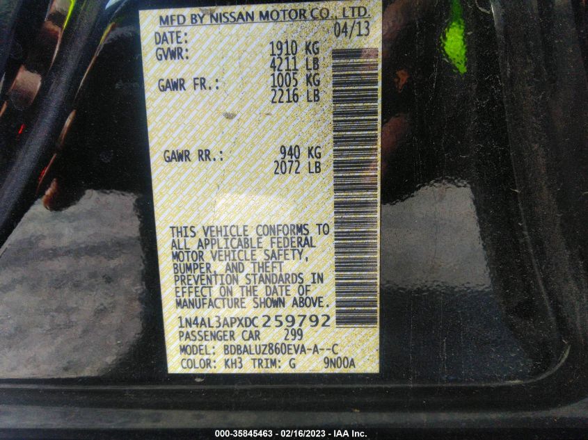 2013 NISSAN ALTIMA 2.5 SV - 1N4AL3APXDC259792